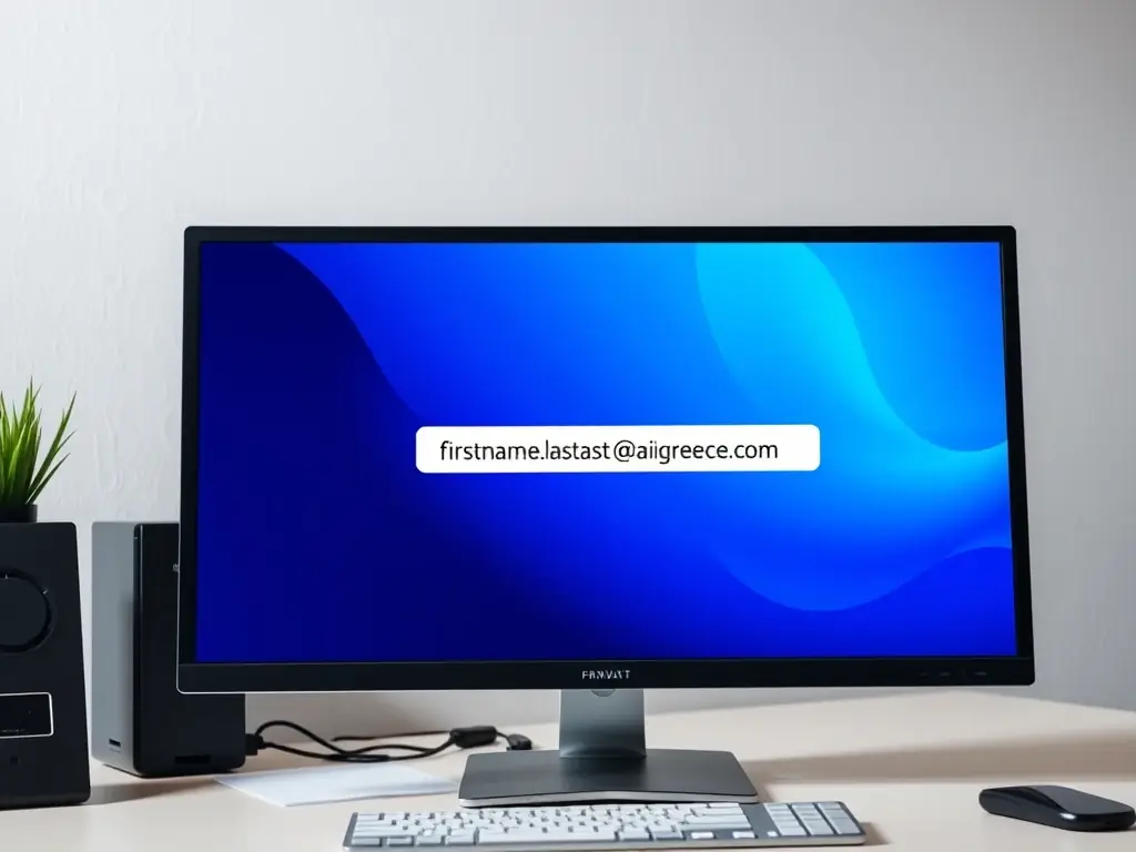A screenshot of a personal email address setup, showing the firstname.lastname@aigreece.com format, emphasizing the professional look and feel.