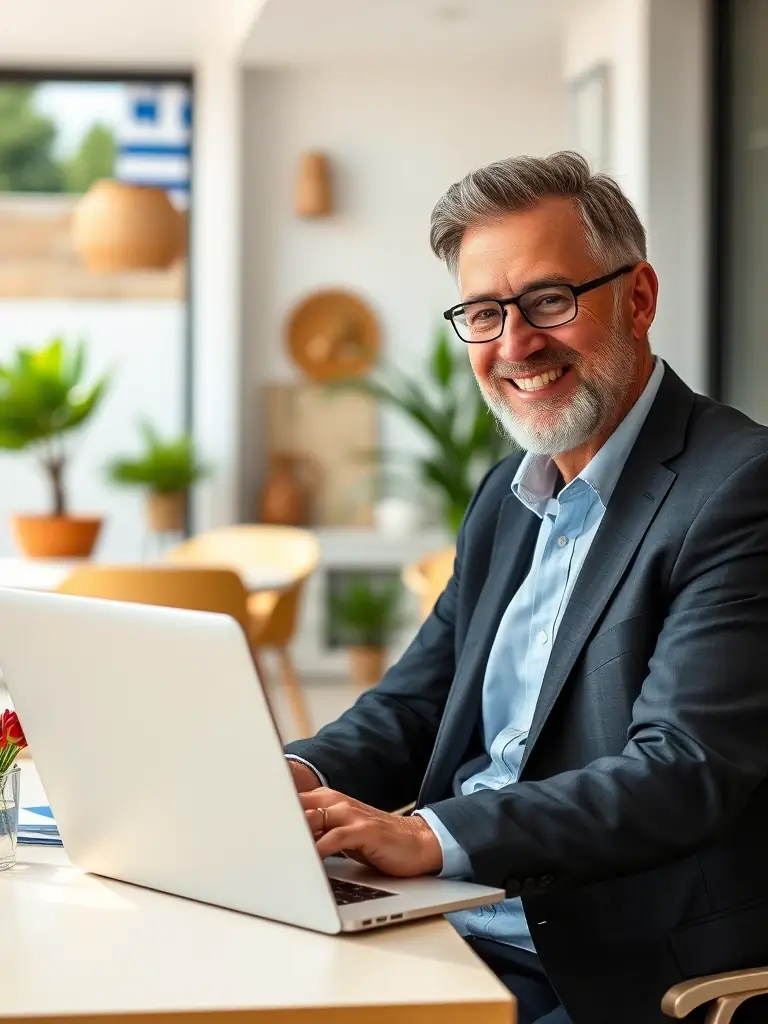 A vibrant image of a Greek business owner smiling confidently while using a laptop, showcasing the ease of managing their new website.
