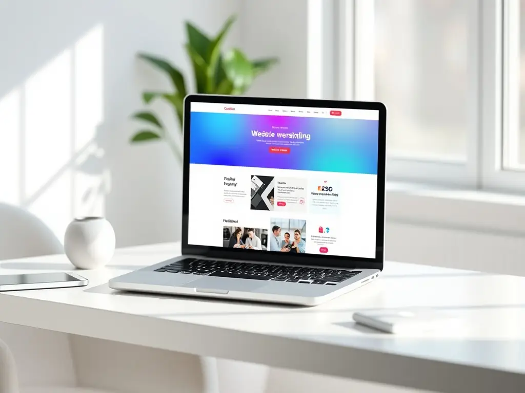 An image showing a modern, responsive Greek-themed website on a laptop screen, with icons of social media platforms around it.